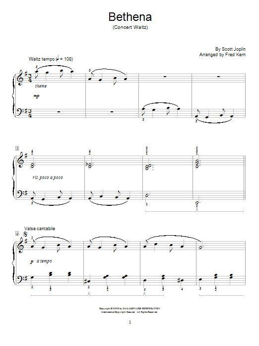 Download Scott Joplin Bethena, Ragtime Waltz Sheet Music and learn how to play Easy Piano PDF digital score in minutes