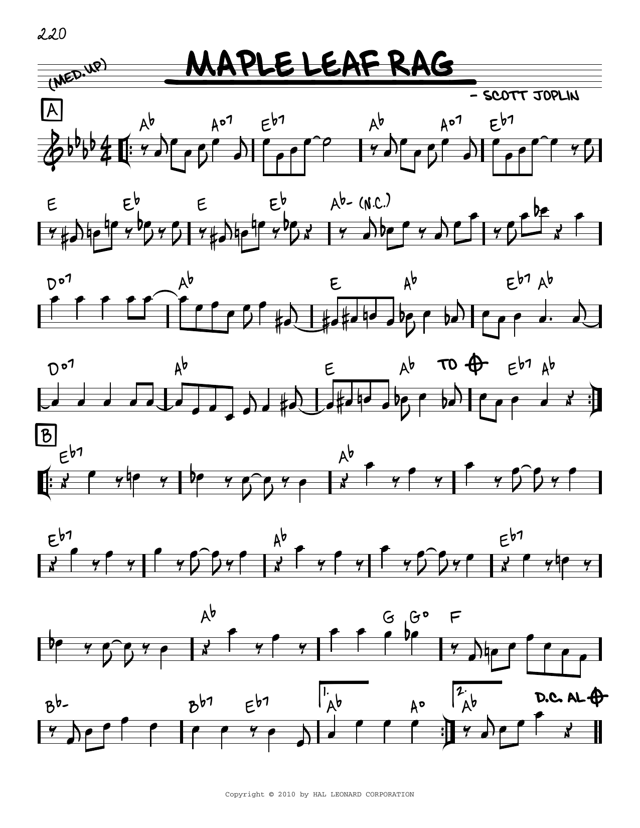 Download Scott Joplin Maple Leaf Rag (arr. Robert Rawlins) Sheet Music and learn how to play Real Book – Melody, Lyrics & Chords PDF digital score in minutes