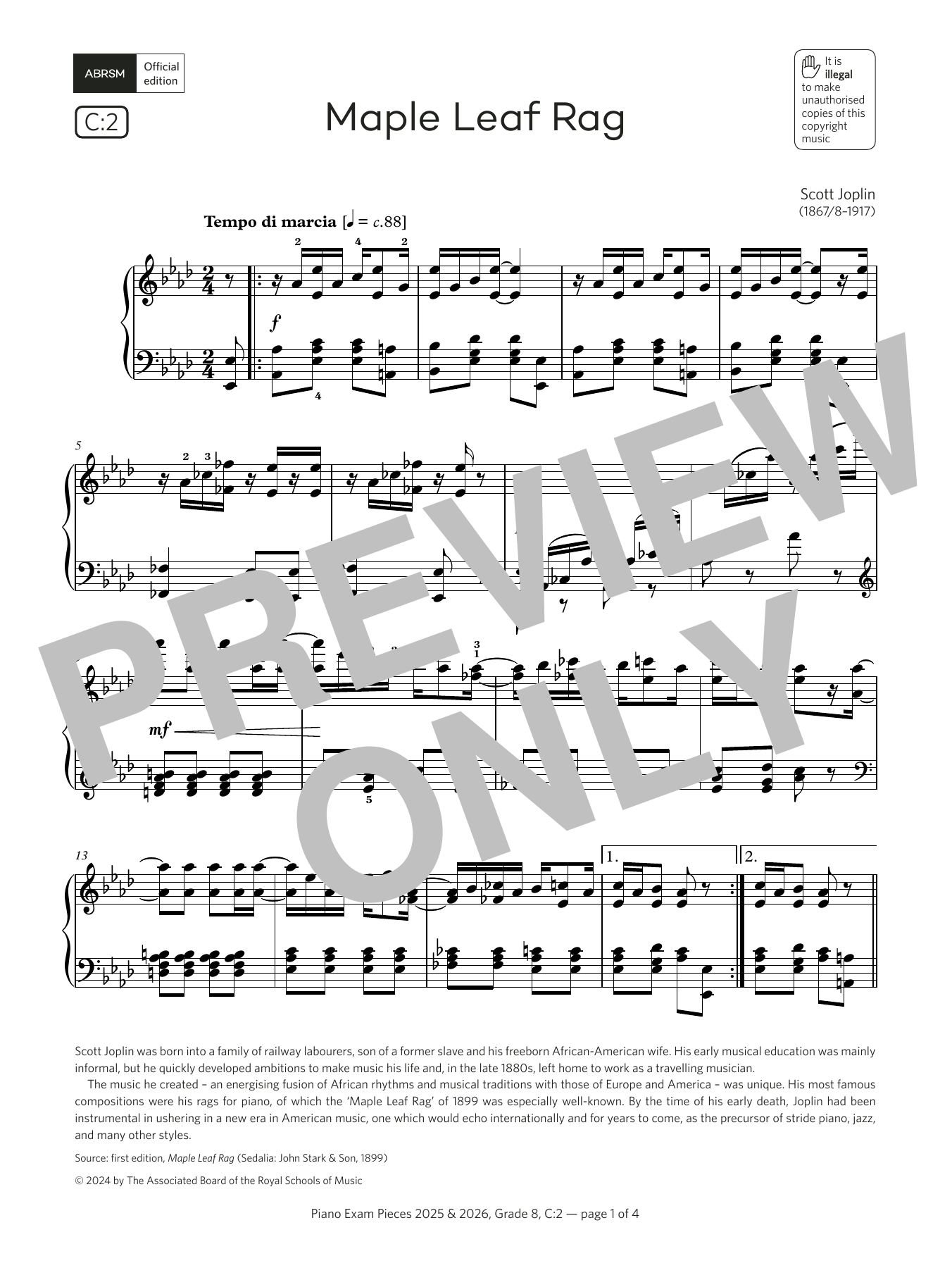 Download Scott Joplin Maple Leaf Rag (Grade 8, list C2, from the ABRSM Piano Syllabus 2025 & 2026) Sheet Music and learn how to play Piano Solo PDF digital score in minutes