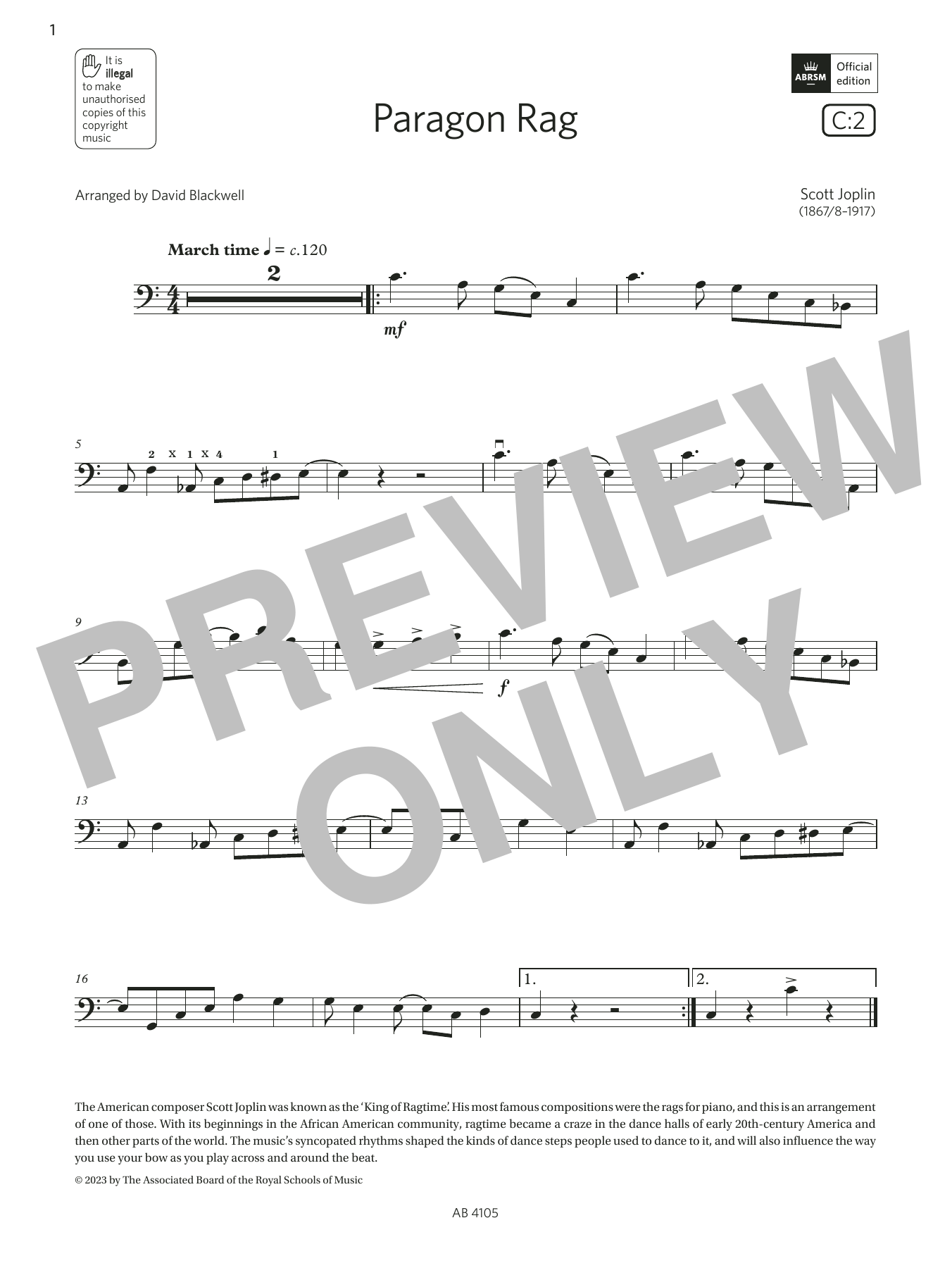 Download Scott Joplin Paragon Rag (Grade 2, C2, from the ABRSM Cello Syllabus from 2024) Sheet Music and learn how to play Cello Solo PDF digital score in minutes