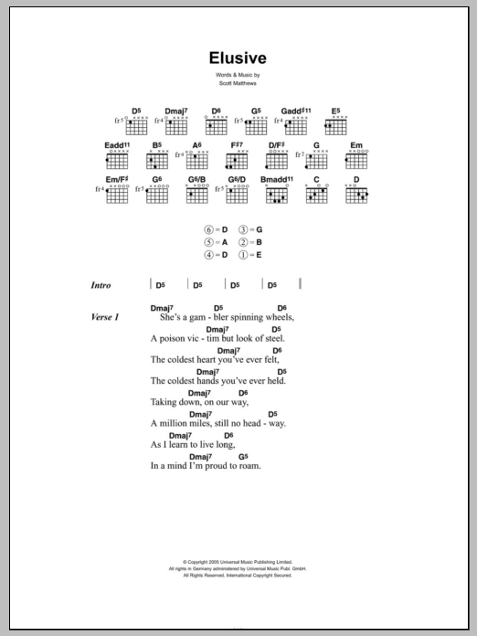 Download Scott Matthews Elusive Sheet Music and learn how to play Lyrics & Chords PDF digital score in minutes