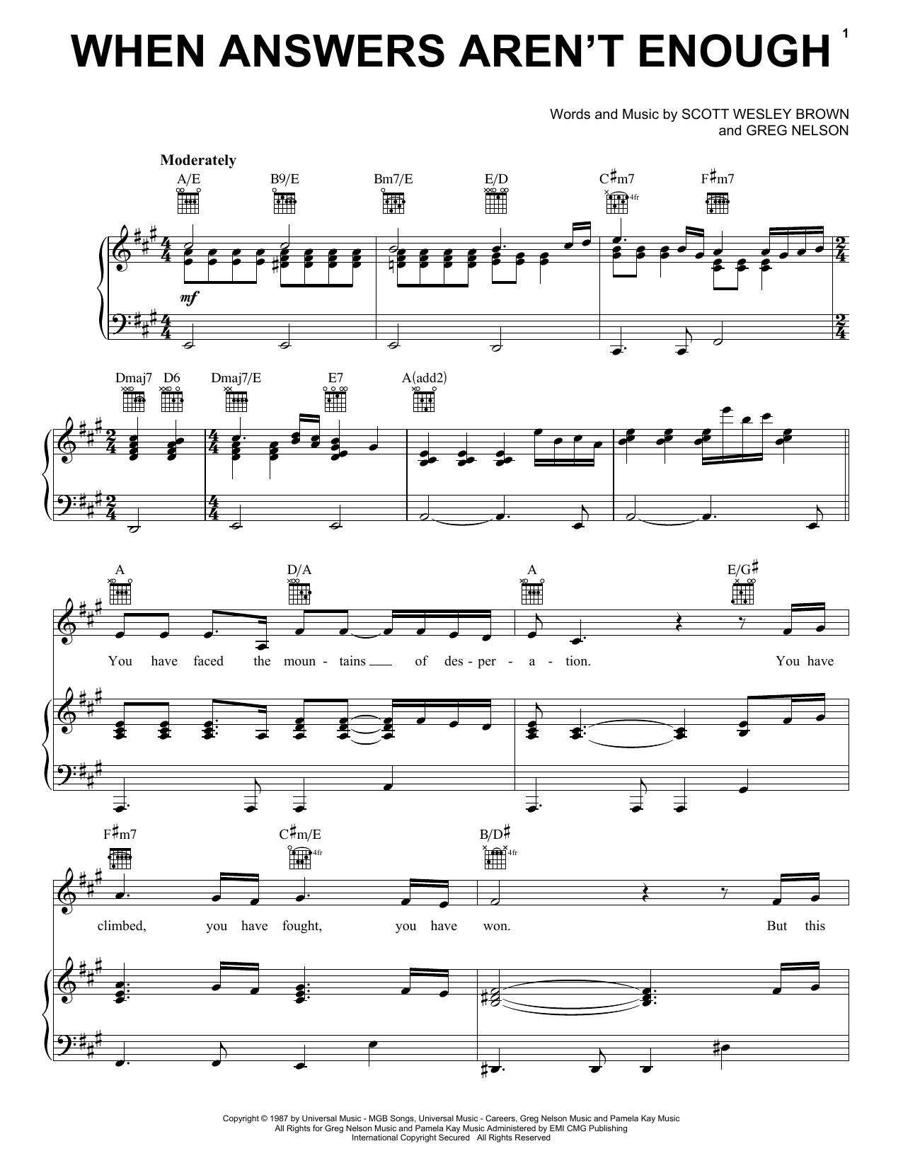 Download Scott Wesley Brown When Answers Aren't Enough Sheet Music and learn how to play Piano, Vocal & Guitar (Right-Hand Melody) PDF digital score in minutes