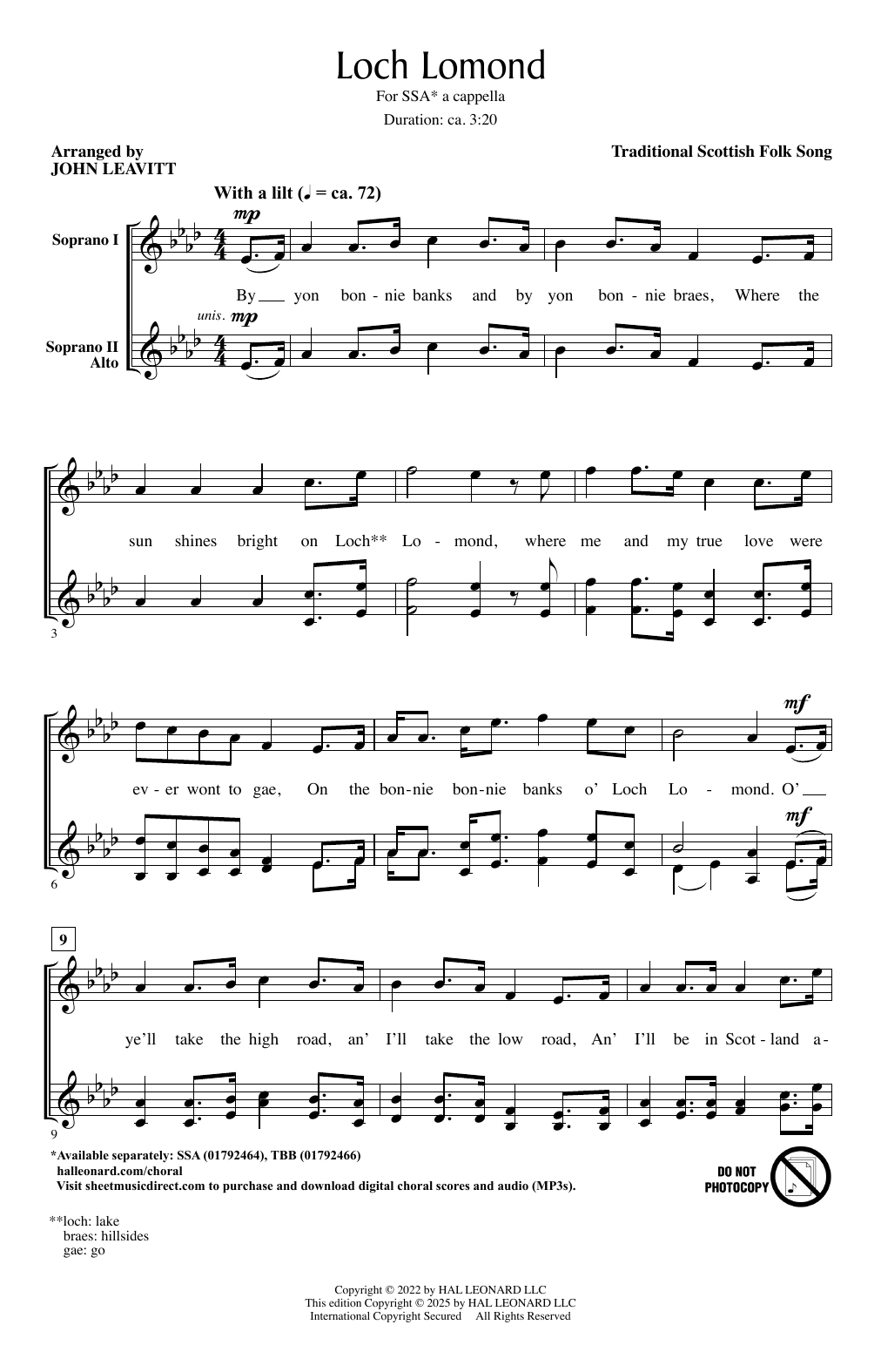 Download Scottish Folk Song Loch Lomond (arr. John Leavitt) Sheet Music and learn how to play SSA Choir PDF digital score in minutes