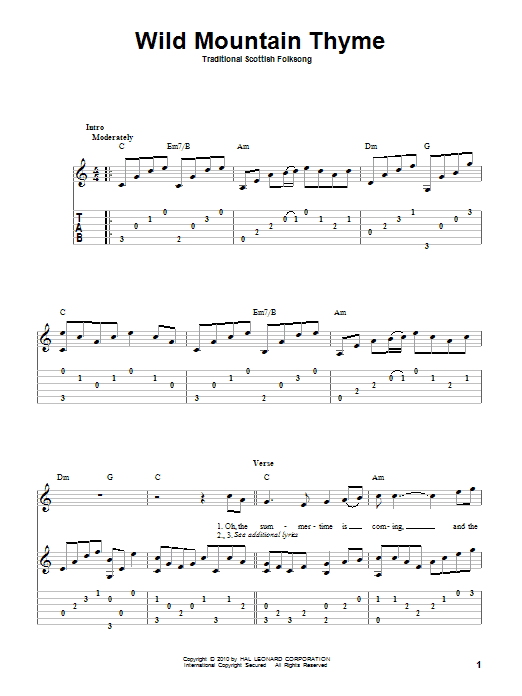 Download Traditional Scottish Folksong Wild Mountain Thyme Sheet Music and learn how to play Piano, Vocal & Guitar Chords (Right-Hand Melody) PDF digital score in minutes