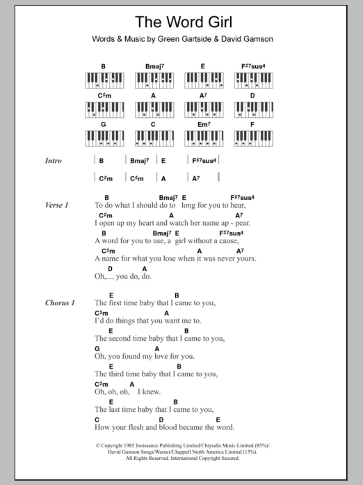 Download Scritti Politti The Word Girl Sheet Music and learn how to play Lyrics & Piano Chords PDF digital score in minutes