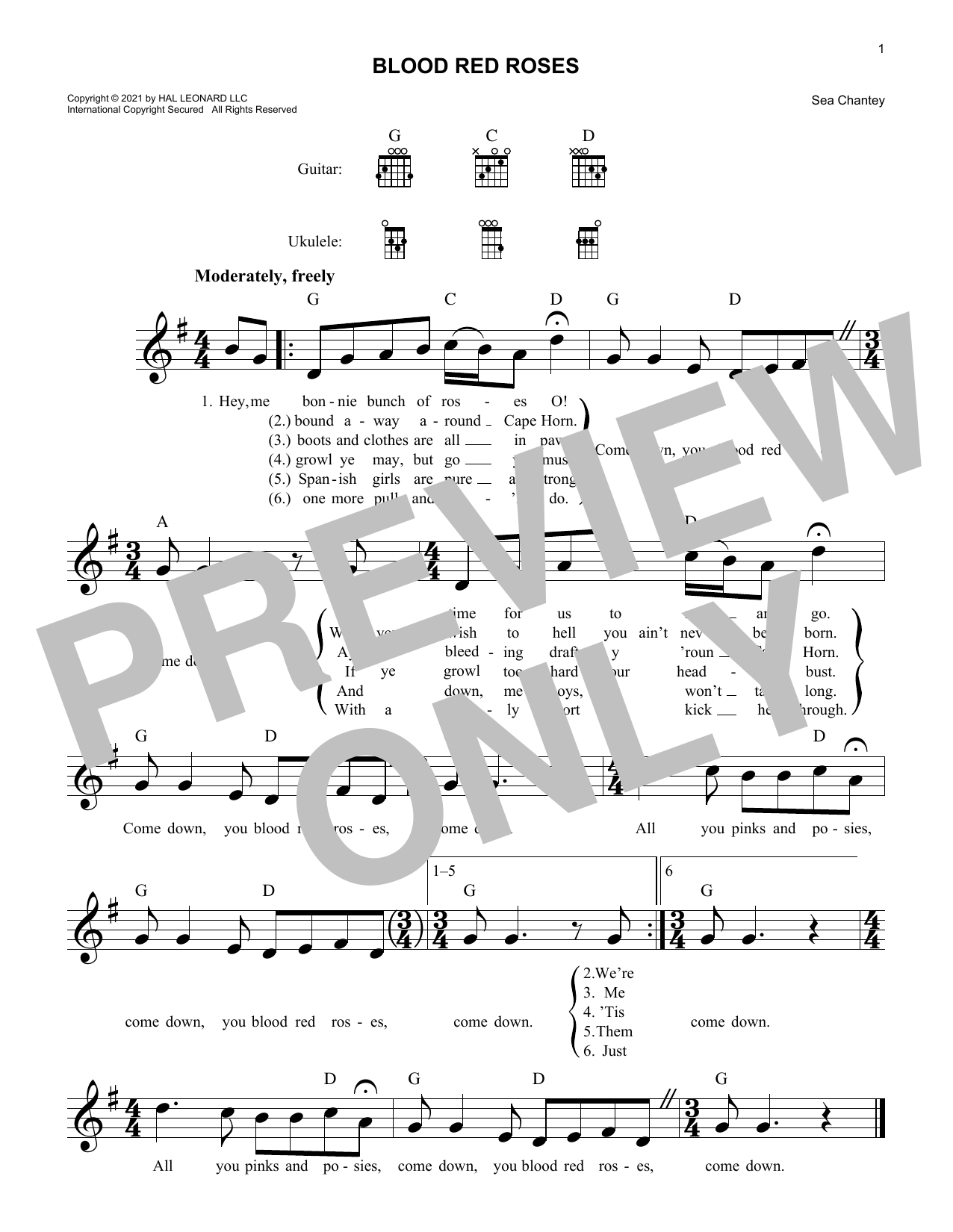 Download Sea Chantey Blood Red Roses Sheet Music and learn how to play Lead Sheet / Fake Book PDF digital score in minutes