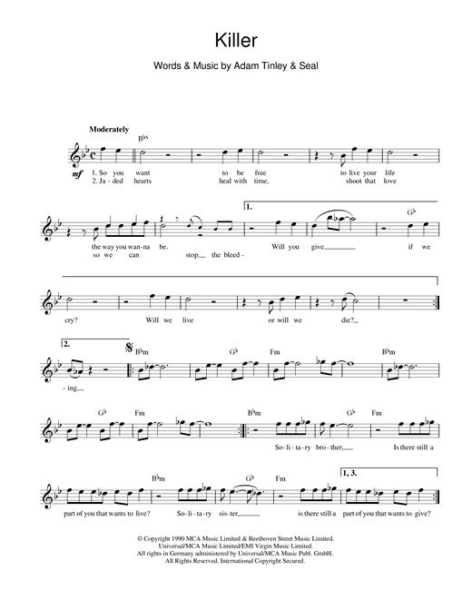 Download Seal Killer Sheet Music and learn how to play Piano, Vocal & Guitar (Right-Hand Melody) PDF digital score in minutes