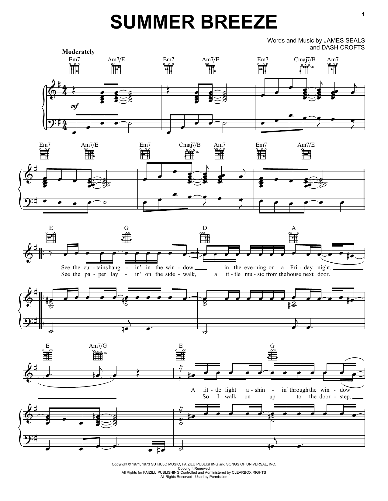Download Seals & Crofts Summer Breeze Sheet Music and learn how to play Piano, Vocal & Guitar (Right-Hand Melody) PDF digital score in minutes