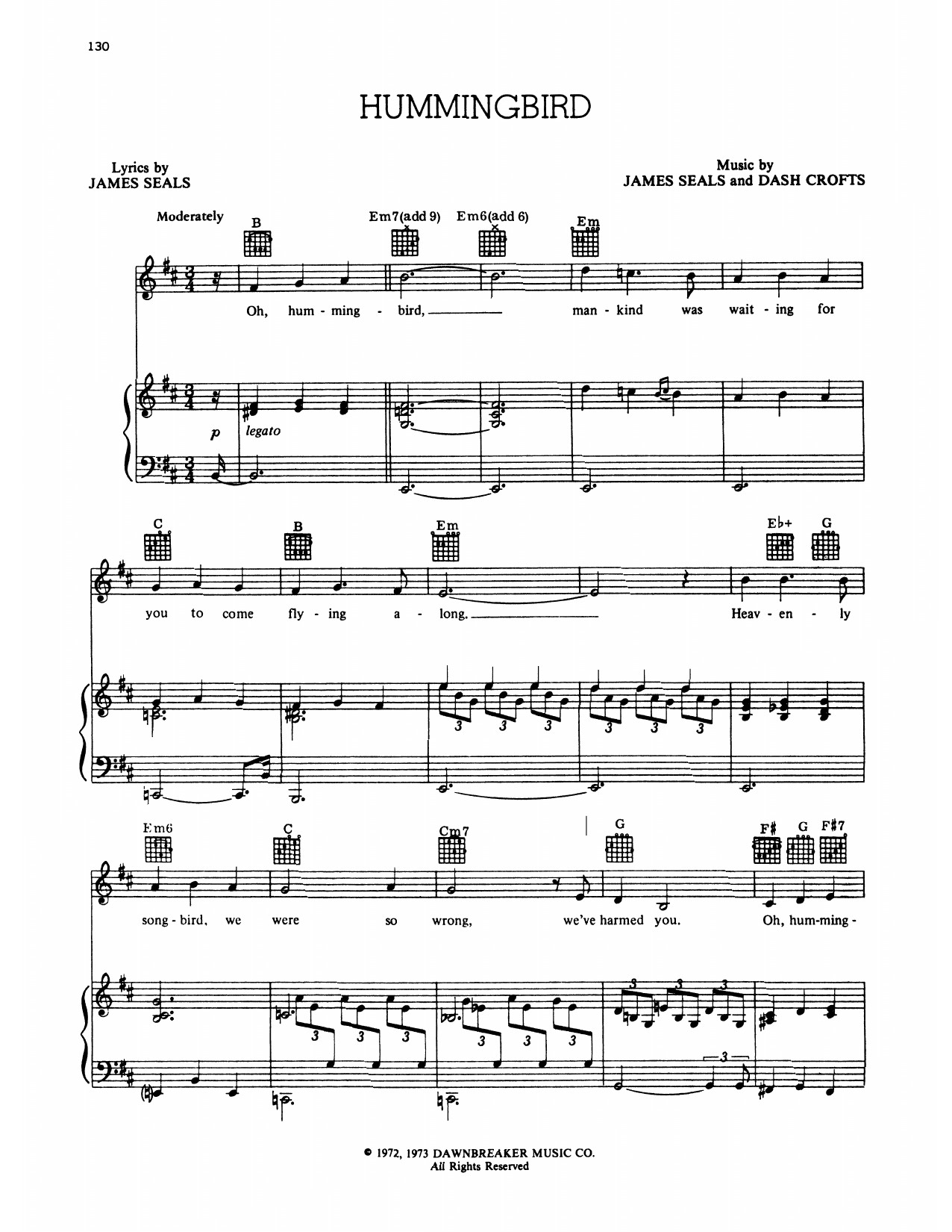 Download Seals and Crofts Hummingbird Sheet Music and learn how to play Piano & Vocal PDF digital score in minutes