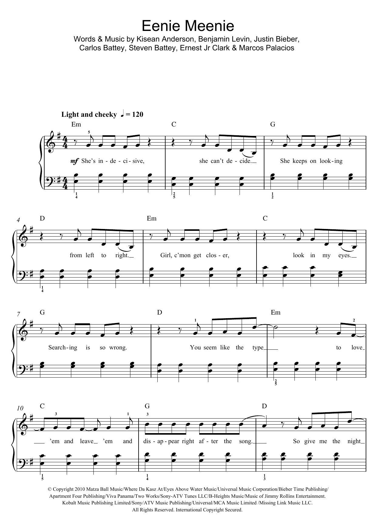 Download Sean Kingston & Justin Bieber Eenie Meenie Sheet Music and learn how to play Beginner Piano PDF digital score in minutes