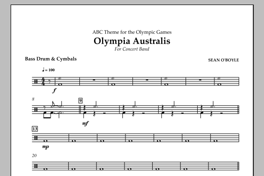Download Sean O'Boyle Olympia Australis (Concert Band) - Bass Drum & Cymbals Sheet Music and learn how to play Concert Band PDF digital score in minutes