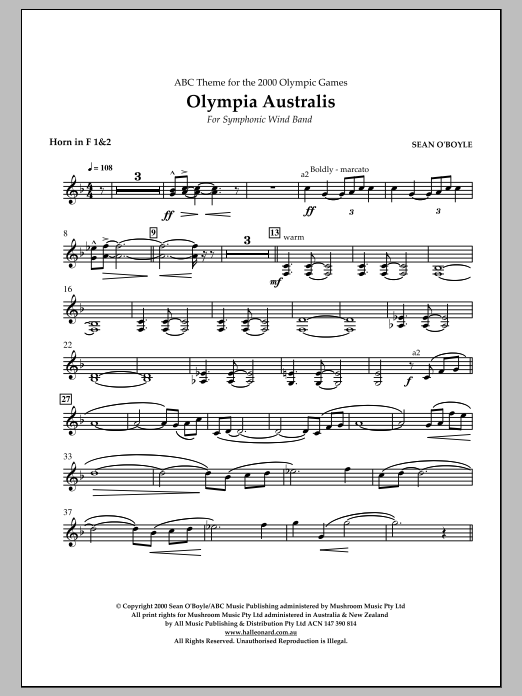 Download Sean O'Boyle Olympia Australis (Symphonic Wind Band) - F Horn 1,2 Sheet Music and learn how to play Concert Band PDF digital score in minutes