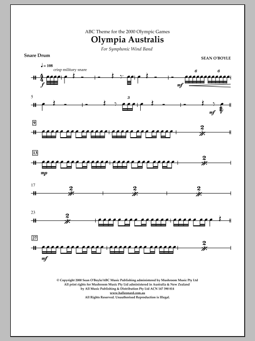 Download Sean O'Boyle Olympia Australis (Symphonic Wind Band) - Snare Drum Sheet Music and learn how to play Concert Band PDF digital score in minutes