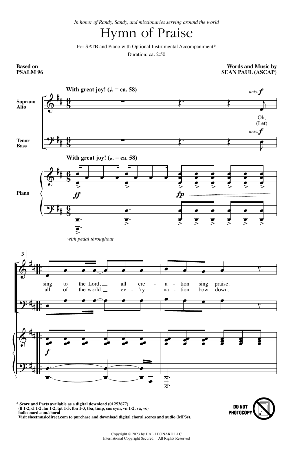 Download Sean Paul Hymn Of Praise Sheet Music and learn how to play SATB Choir PDF digital score in minutes