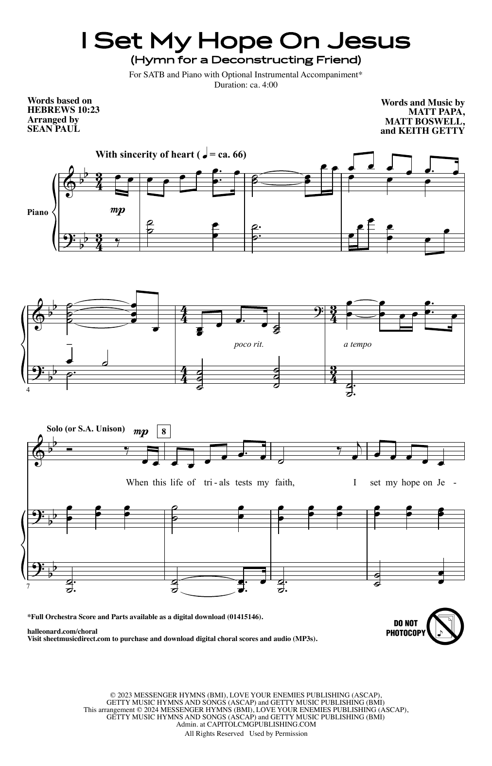 Download Sean Paul I Set My Hope On Jesus (Hymn For A Deconstructing Friend) Sheet Music and learn how to play SATB Choir PDF digital score in minutes