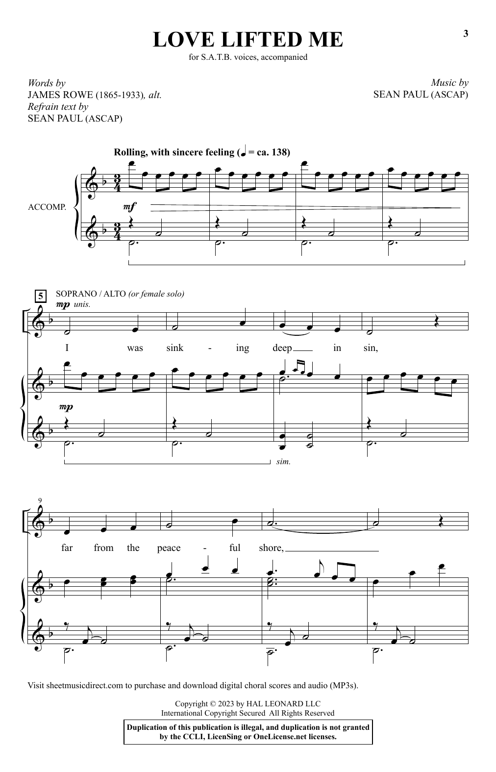 Download Sean Paul Love Lifted Me Sheet Music and learn how to play SATB Choir PDF digital score in minutes