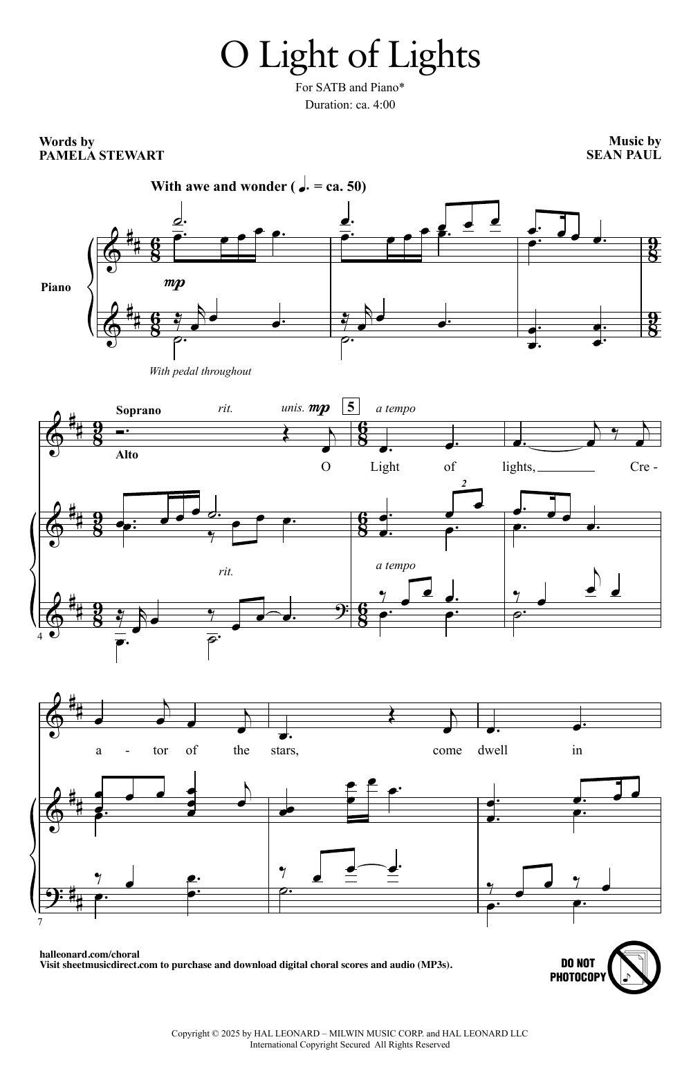 Download Sean Paul O Light Of Lights Sheet Music and learn how to play SATB Choir PDF digital score in minutes