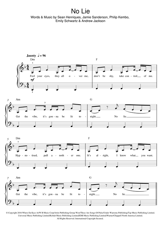 Download Sean Paul No Lie (feat. Dua Lipa) Sheet Music and learn how to play Beginner Piano PDF digital score in minutes