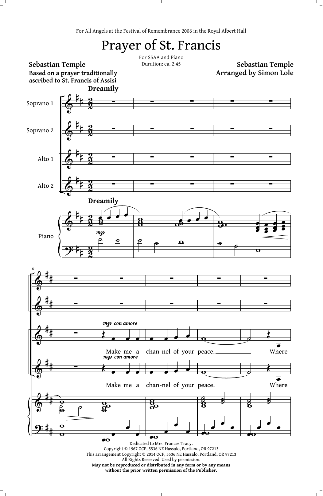 Download Sebastian Temple Prayer Of St. Francis (arr. Simon Lole) Sheet Music and learn how to play SSAA Choir PDF digital score in minutes