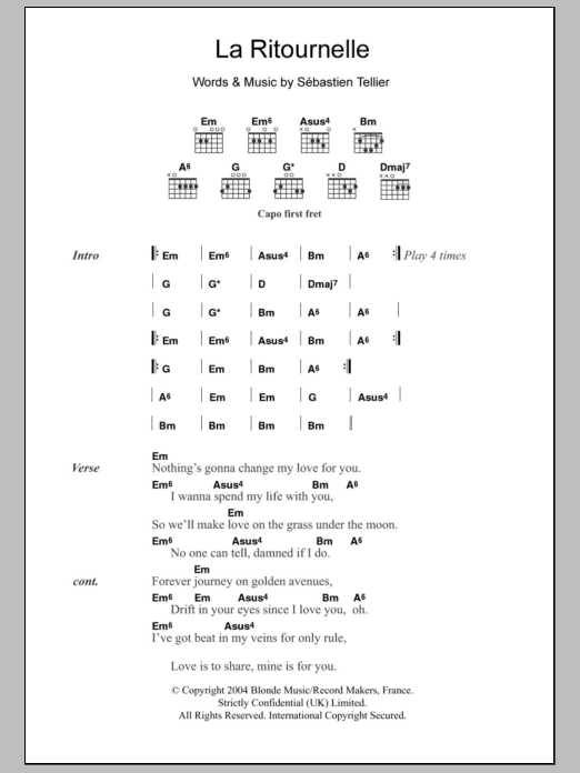 Download Sébastien Tellier La Ritournelle Sheet Music and learn how to play Lyrics & Chords PDF digital score in minutes