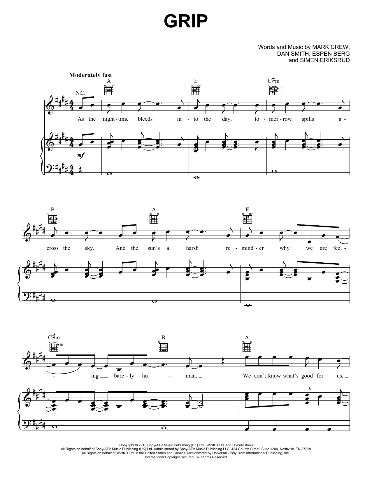 Download Seeb & Bastille Grip Sheet Music and learn how to play Piano, Vocal & Guitar Chords (Right-Hand Melody) PDF digital score in minutes
