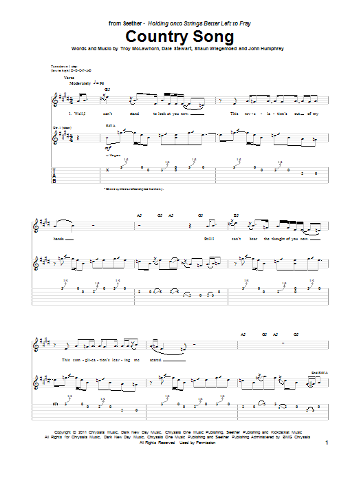 Download Seether Country Song Sheet Music and learn how to play Guitar Tab PDF digital score in minutes