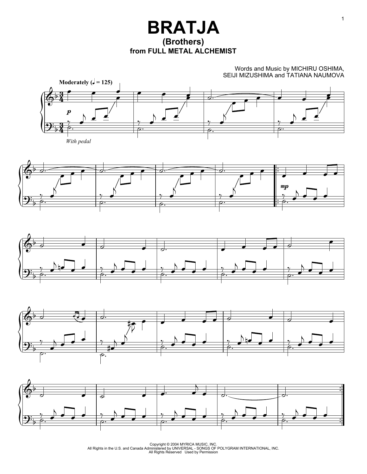 Download Seiji Mizushima Bratja (Brothers) Sheet Music and learn how to play Piano Solo PDF digital score in minutes