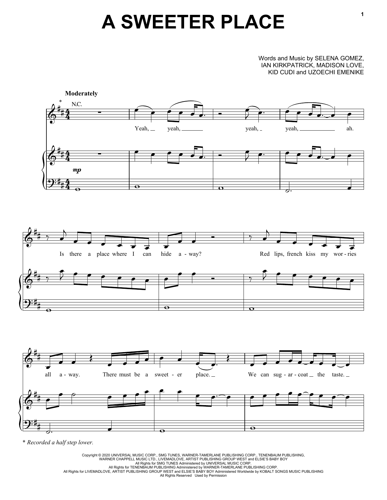Download Selena Gomez A Sweeter Place (feat. Kid Cudi) Sheet Music and learn how to play Piano, Vocal & Guitar Chords (Right-Hand Melody) PDF digital score in minutes