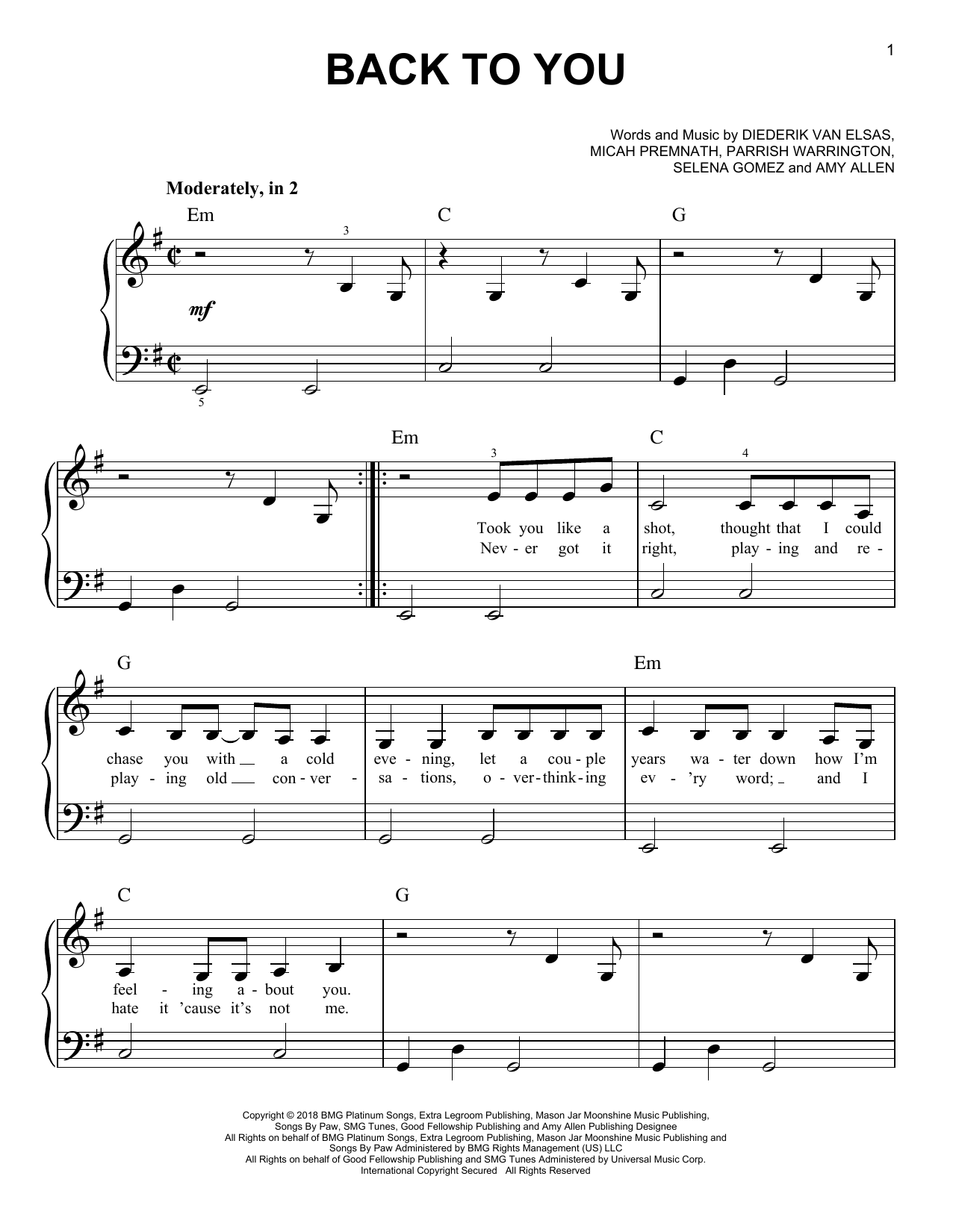 Download Selena Gomez Back To You (from 13 Reasons Why) Sheet Music and learn how to play Big Note Piano PDF digital score in minutes