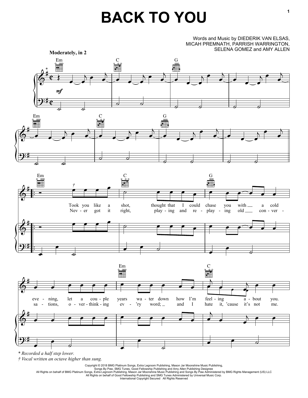 Download Selena Gomez Back To You Sheet Music and learn how to play Piano, Vocal & Guitar (Right-Hand Melody) PDF digital score in minutes