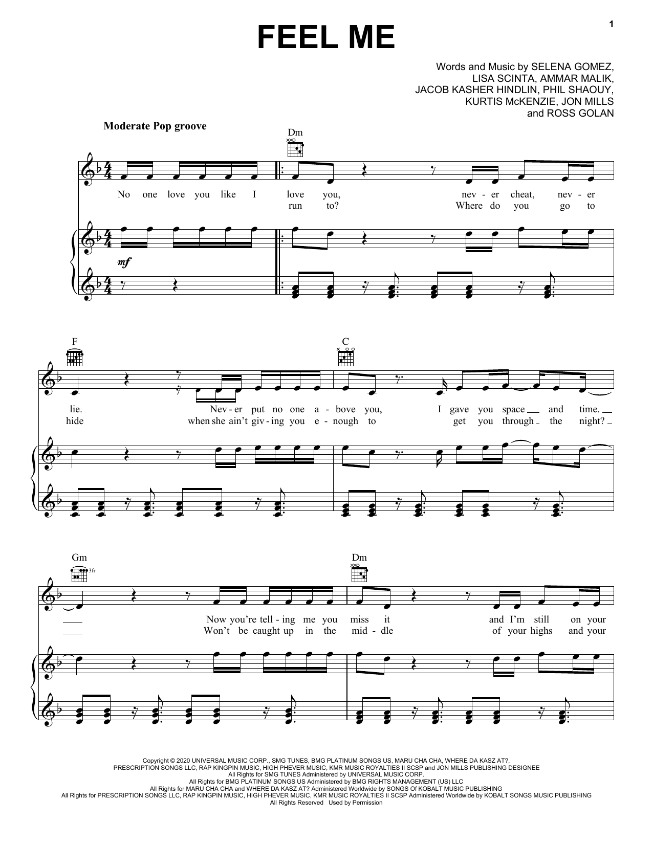 Download Selena Gomez Feel Me Sheet Music and learn how to play Piano, Vocal & Guitar Chords (Right-Hand Melody) PDF digital score in minutes