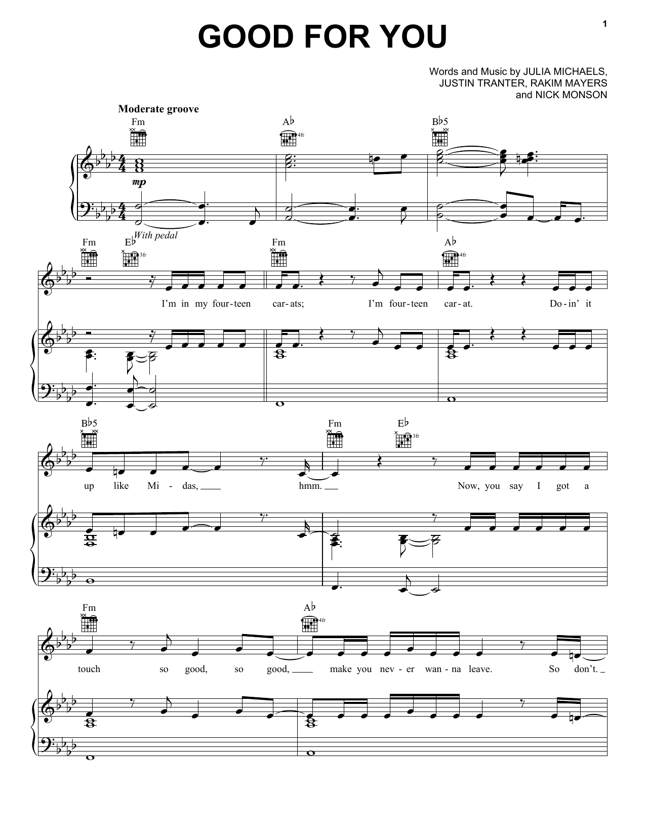 Download Selena Gomez Good For You Sheet Music and learn how to play Piano, Vocal & Guitar (Right-Hand Melody) PDF digital score in minutes