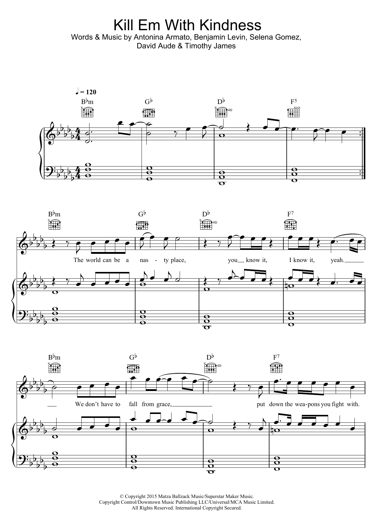 Download Selena Gomez Kill Em With Kindness Sheet Music and learn how to play Piano, Vocal & Guitar (Right-Hand Melody) PDF digital score in minutes