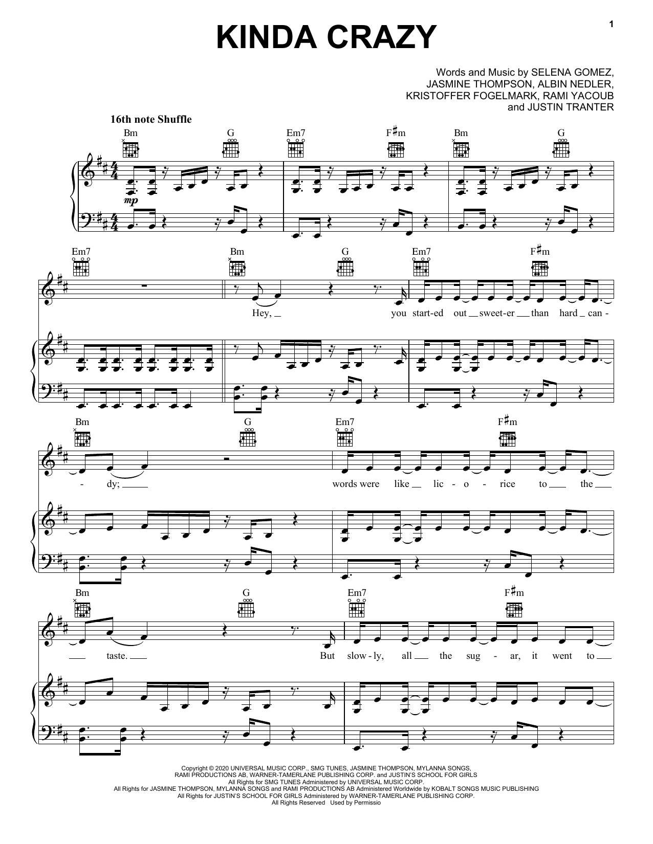 Download Selena Gomez Kinda Crazy Sheet Music and learn how to play Piano, Vocal & Guitar Chords (Right-Hand Melody) PDF digital score in minutes