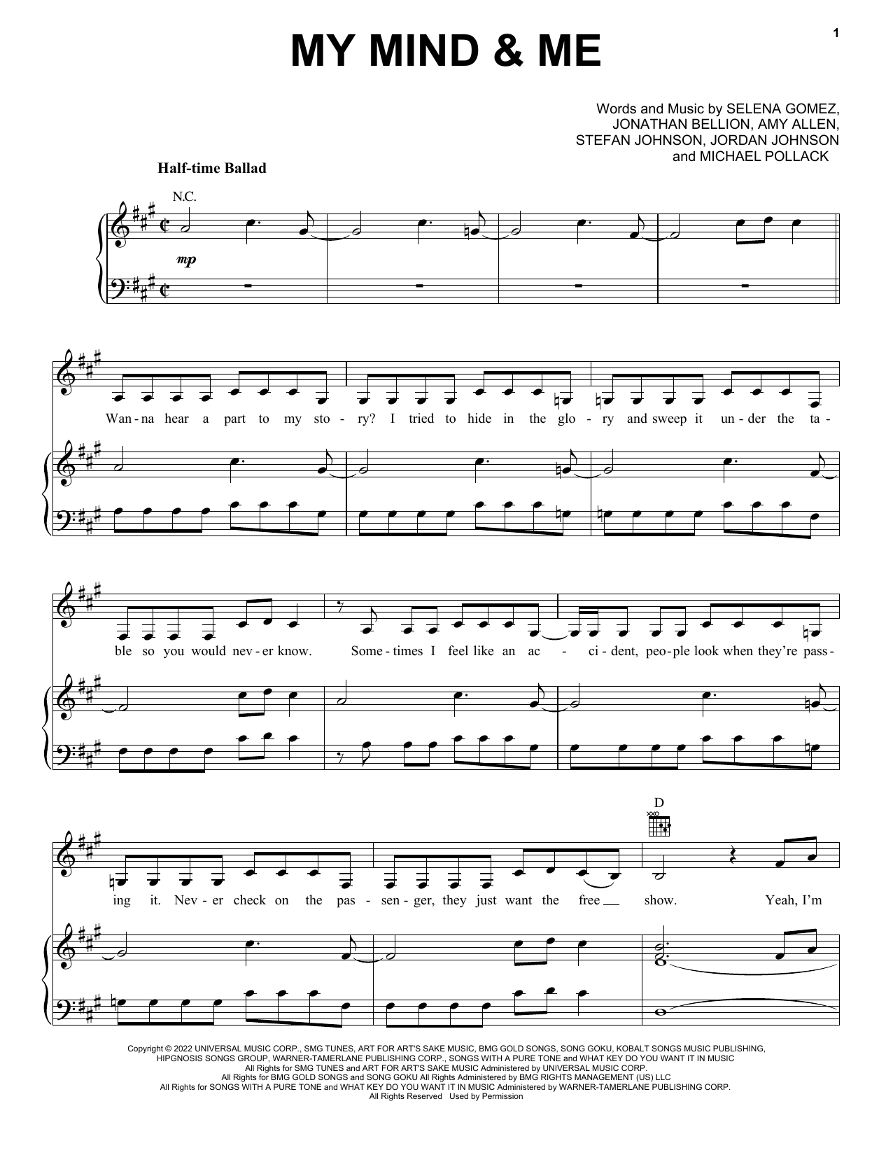 Download Selena Gomez My Mind & Me Sheet Music and learn how to play Piano, Vocal & Guitar Chords (Right-Hand Melody) PDF digital score in minutes