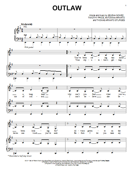 Download Selena Gomez Outlaw Sheet Music and learn how to play Piano, Vocal & Guitar (Right-Hand Melody) PDF digital score in minutes