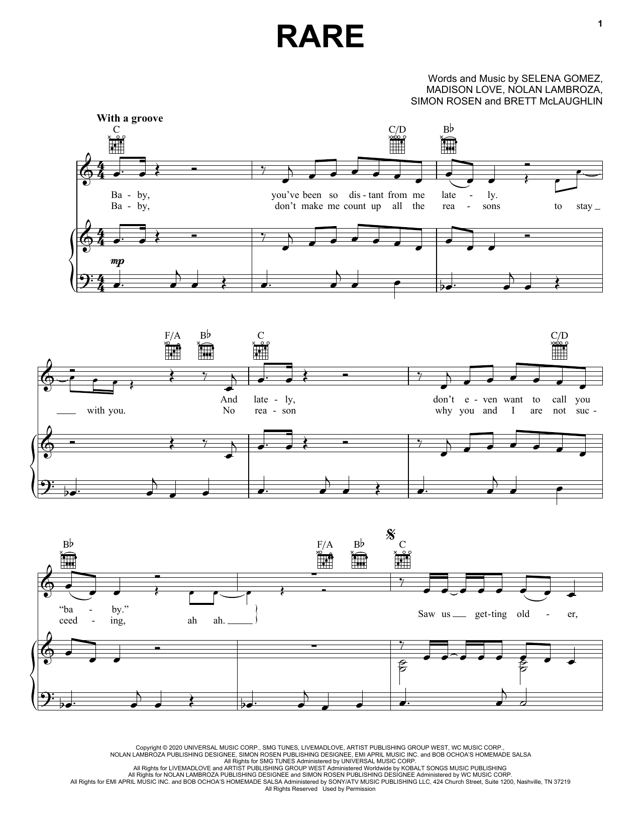 Download Selena Gomez Rare Sheet Music and learn how to play Piano, Vocal & Guitar Chords (Right-Hand Melody) PDF digital score in minutes