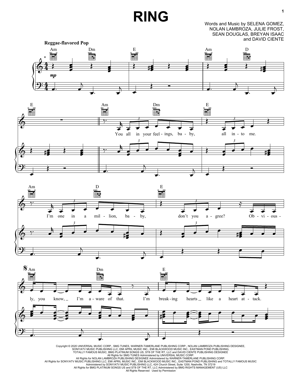 Download Selena Gomez Ring Sheet Music and learn how to play Piano, Vocal & Guitar Chords (Right-Hand Melody) PDF digital score in minutes