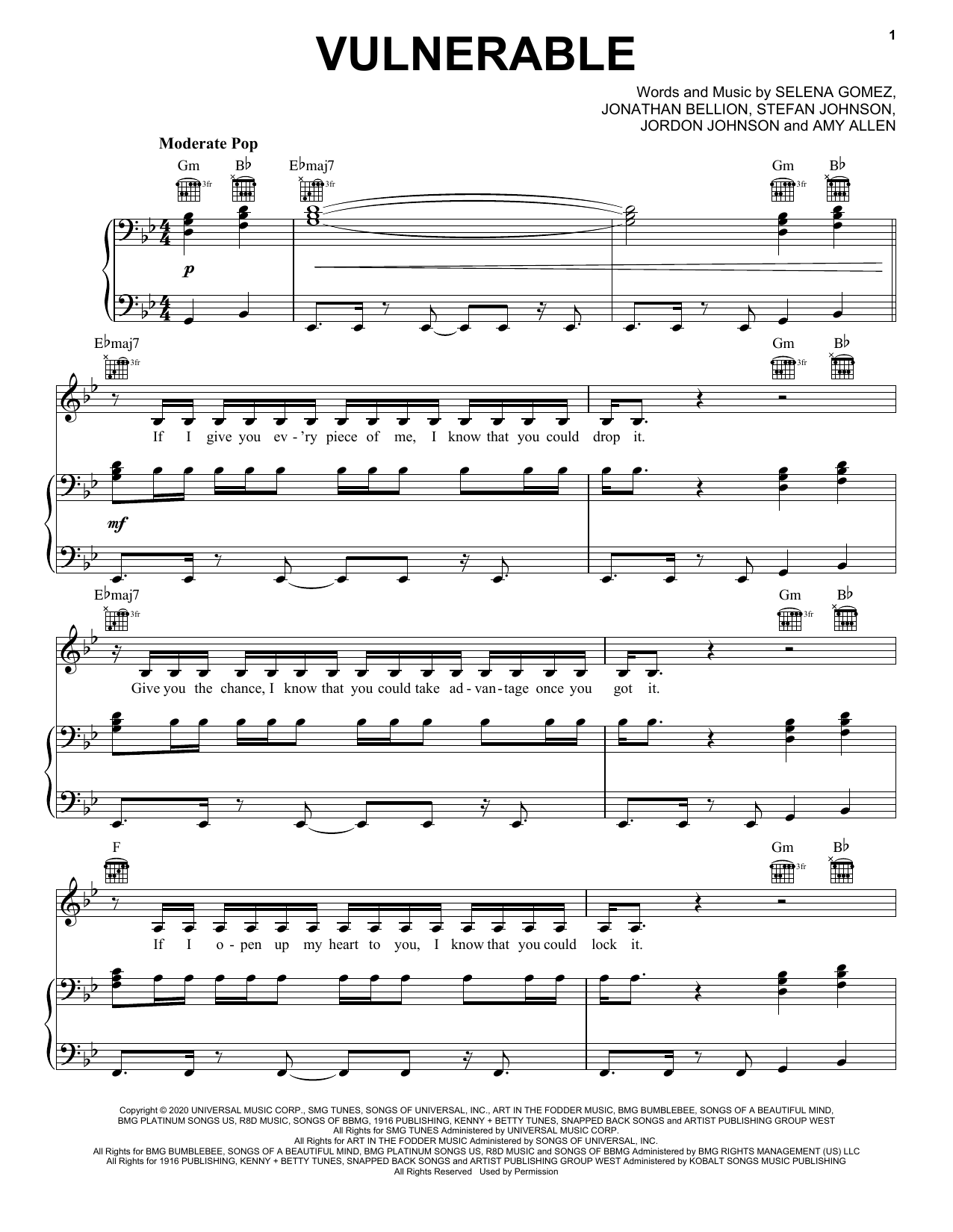 Download Selena Gomez Vulnerable Sheet Music and learn how to play Piano, Vocal & Guitar Chords (Right-Hand Melody) PDF digital score in minutes