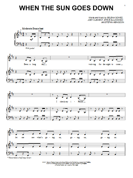 Download Selena Gomez When The Sun Goes Down Sheet Music and learn how to play Piano, Vocal & Guitar (Right-Hand Melody) PDF digital score in minutes