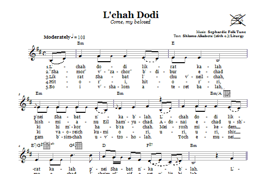 Download Sephardic Folk Tune L'chah Dodi (Come, My Beloved) Sheet Music and learn how to play Melody Line, Lyrics & Chords PDF digital score in minutes