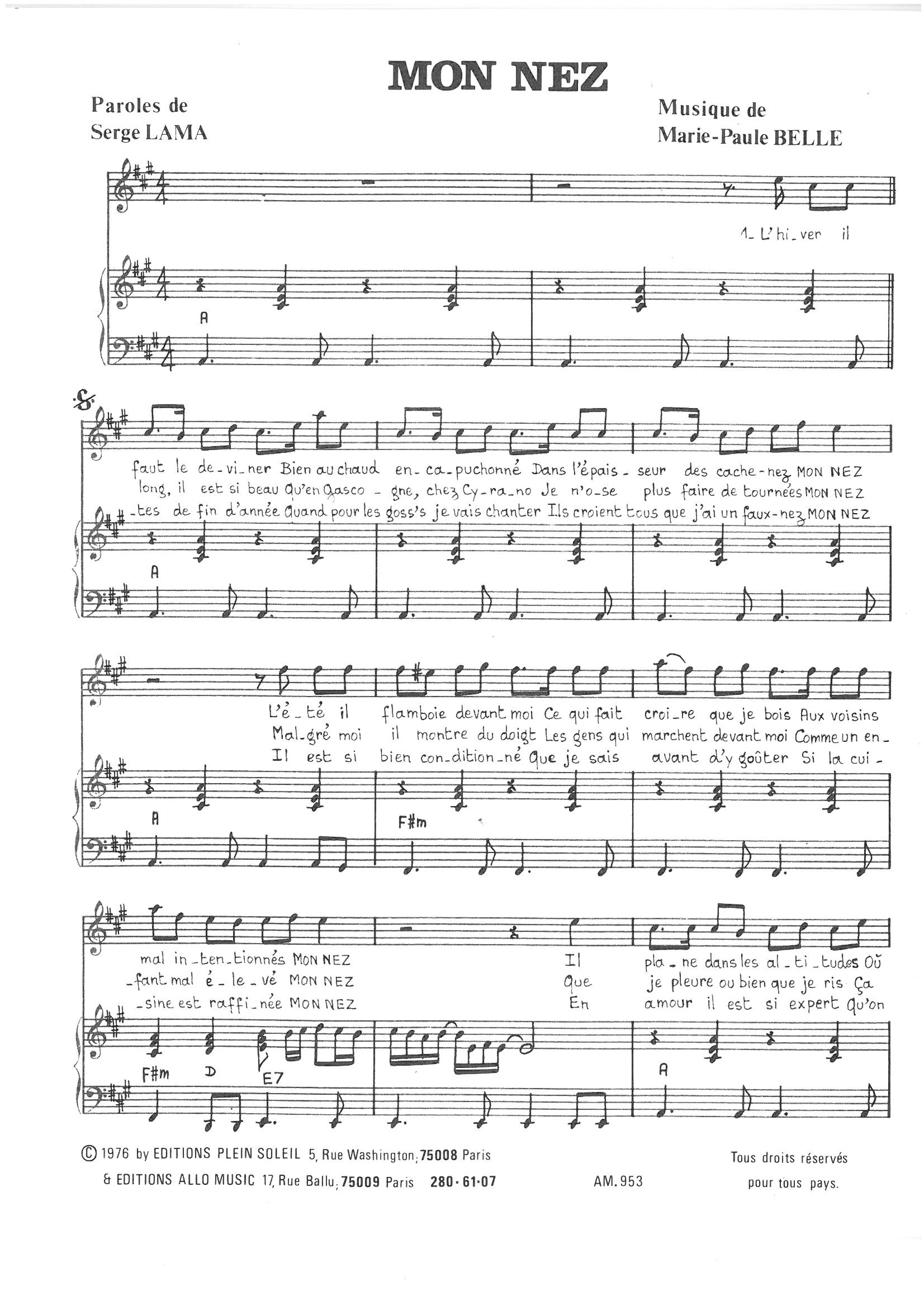 Download Serge Lama and Marie Paule Belle Mon Nez Sheet Music and learn how to play Piano & Vocal PDF digital score in minutes