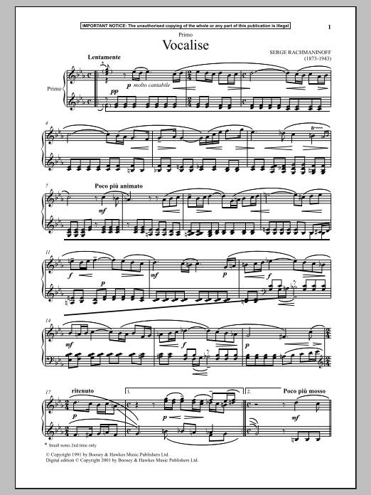 Download Sergei Rachmaninoff Vocalise Sheet Music and learn how to play Piano Duet PDF digital score in minutes