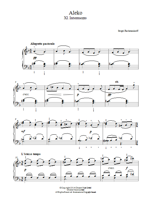 Download Sergei Rachmaninoff Aleko - No.11 Intermezzo Sheet Music and learn how to play Piano PDF digital score in minutes