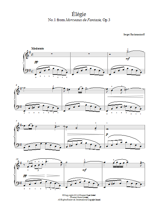 Download Sergei Rachmaninoff Élégie (No.1 from Morceaux de Fantasie, Op.3) Sheet Music and learn how to play Beginner Piano PDF digital score in minutes
