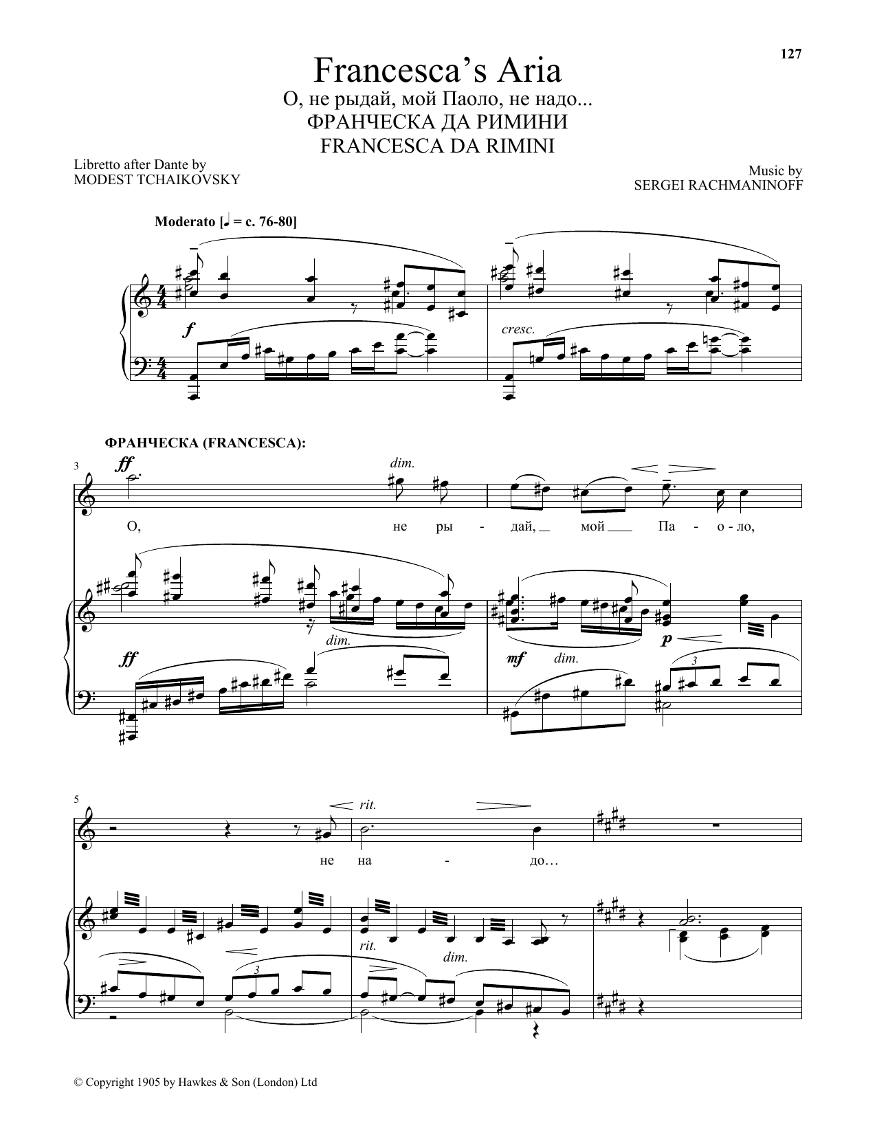 Download Sergei Rachmaninoff Francesca's Aria (from Francesca da Rimini) Sheet Music and learn how to play Piano & Vocal PDF digital score in minutes