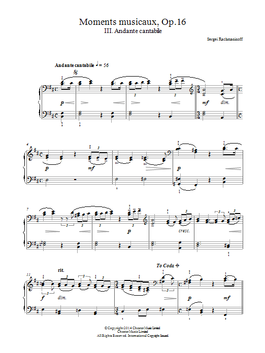 Download Sergei Rachmaninoff Moments musicaux Op.16, No.3 Andante cantabile Sheet Music and learn how to play Piano PDF digital score in minutes