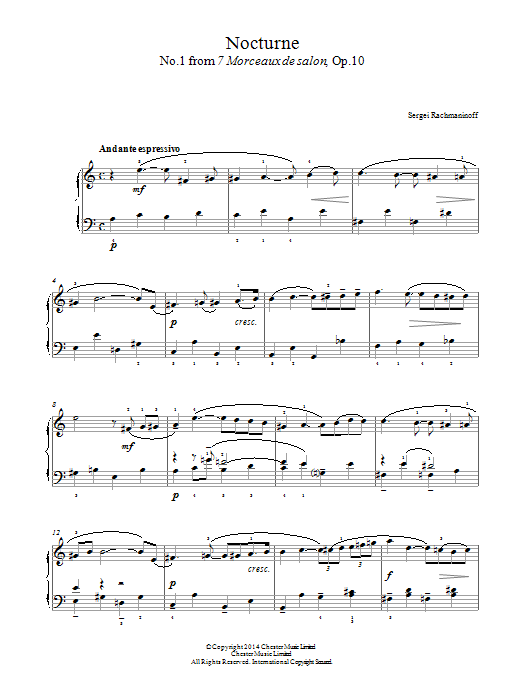 Download Sergei Rachmaninoff Nocturne (No.1 from 7 Morceaux de salon, Op.10) Sheet Music and learn how to play Easy Piano PDF digital score in minutes