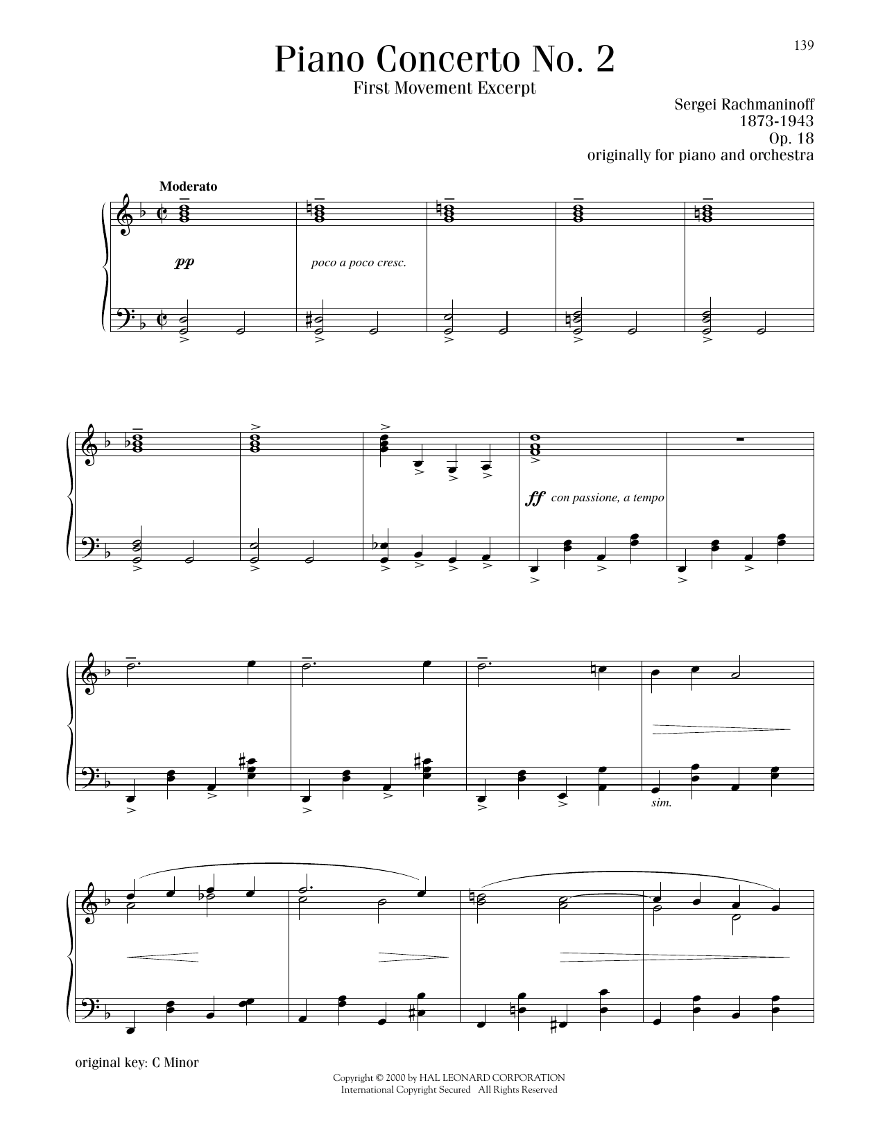 Download Sergei Rachmaninoff Piano Concerto No. 2, First Movement Excerpt Sheet Music and learn how to play Piano Solo PDF digital score in minutes