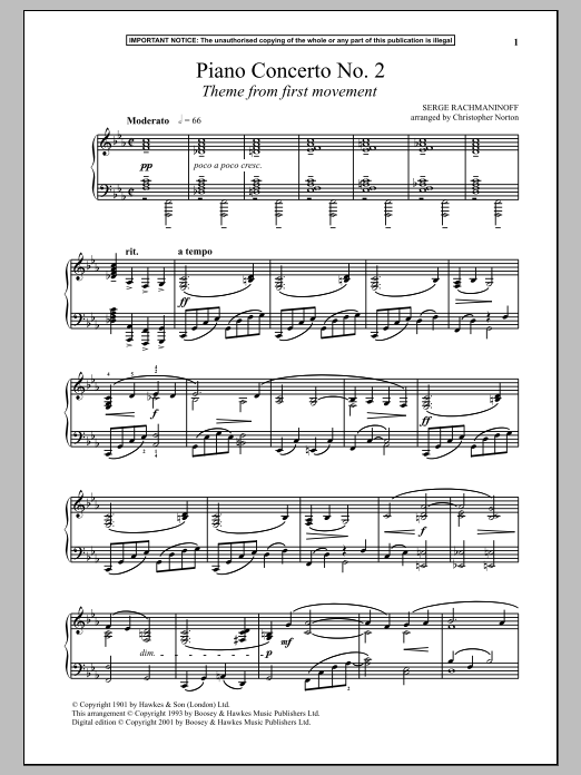 Download Sergei Rachmaninoff Piano Concerto No. 2, (First Movement Theme) Sheet Music and learn how to play Piano Solo PDF digital score in minutes